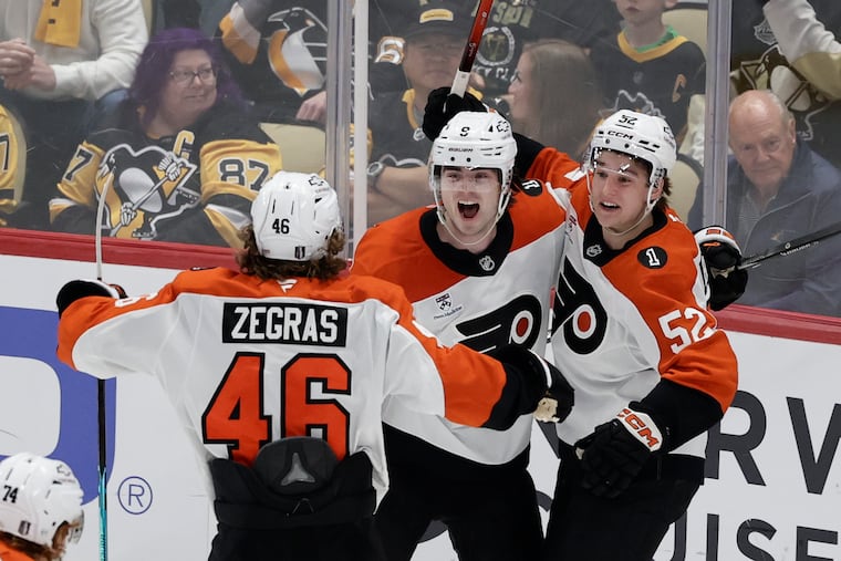 Trevor Zegras, Jamie Drysdale (middle), and Denver Barkey (right) all played in the first playoff game on Saturday night. All three picked up a point.