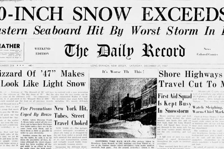 The front page of The Daily Record of Long Branch, N.J., proclaiming a record snow. It finally has been verified 75 years later.