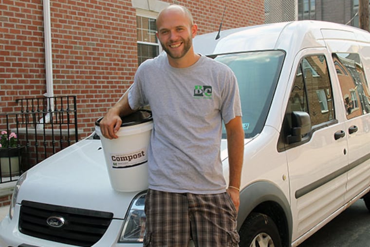 Tim Bennett of Bennet Compost stands next to a bucket and his van that picks up organic material from residences and businesses in South Philadelphia on Wednesday, September 11, 2013. ( Yong Kim / Staff Photographer )