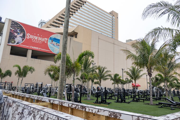 The outdoor workout equipment for an upcoming gym outside Showboat Hotel in Atlantic City, N.J., on Tuesday, Aug. 5, 2025.