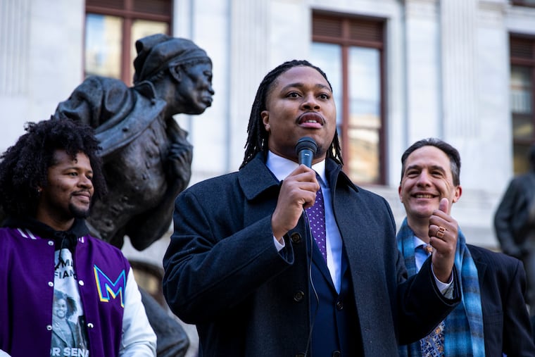 State Representative Malcolm Kenyatta outside of Philadelphia City Hall during his Senate run in 2022. Kenyatta announced this week that he is running for auditor general.