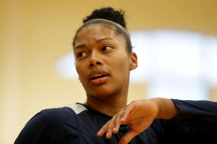 Villanova women's basketball player Jannah Tucker, pauses during practice at the university in Villanova, PA on March 2, 2018. DAVID MAIALETTI / Staff Photographer