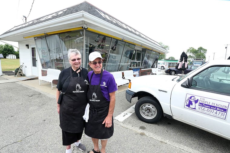 Gary and Patricia Marino satisfy Franklin Township’s and Newfield’s hankering for ice cream at the Purple Penguin, which the owners say has low overhead thanks to solar power. (DAVID SWANSON/Staff Photographer)