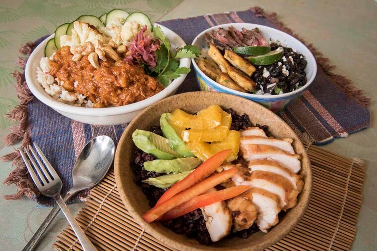 Three rice-bowl dishes prepared by Anna Herman in her Philadelphia home.