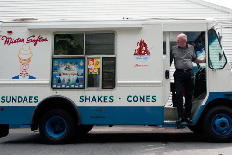 Jim Conway, vice president of Mister Softee Inc., exiting one of those familiar trucks. (MICHAEL PRONZATO / STAFF PHOTOGRAPHER)