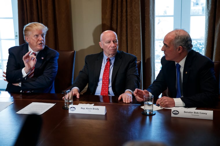President Trump, in a speech in Wilkes-Barre Thursday, said he had never met U.S. Sen. Bob Casey Jr., D-Pa. The two men spoke during a White House meeting on trade in February, with U.S. Rep. Kevin Brady, R-Texas, sitting between them.