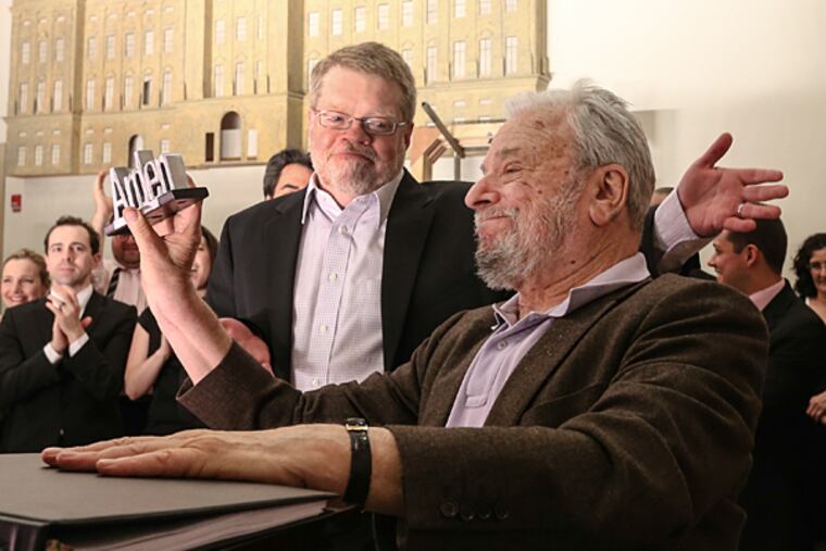 Arden's Producing Artistic Director Terrence J. Nolen presented Broadway eminence Stephen Sondheim, 85, the Arden Theatre's first Master Storyteller Award at a gala concert Monday night featuring highlights of the 13 Sondheim musicals the Arden has produced. ( Steven M. Falk / Staff Photographer )
