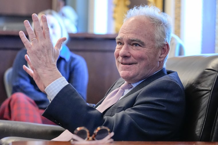 Sen. Tim Kaine speaks to reporters about a war powers resolution regarding Venezuela on Capitol Hill on Wednesday.