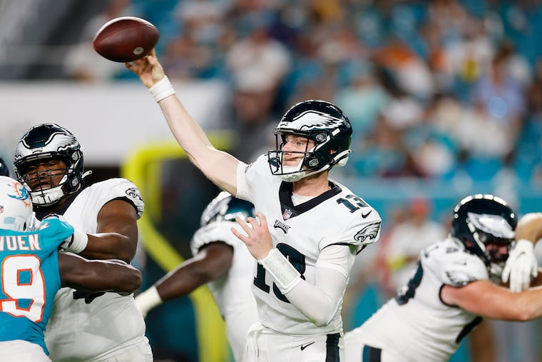 Eagles quarterback Reid Sinnett throws the football during a preseason game against the Miami Dolphins at Hard Rock Stadium on Saturday, August 27, 2022 in Miami Gardens, Florida.