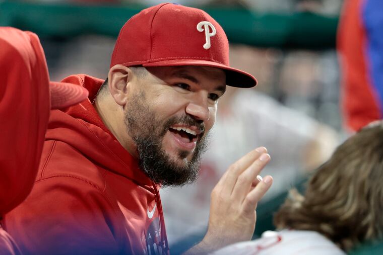Phils Kyle Schwarber had the day off and was chatting with teammates on the bench during the Pittsburgh Pirates at Philadelphia Phillies MLB game at Citizens Bank Park in Philadelphia on Wednesday, Sept. 27, 2023.