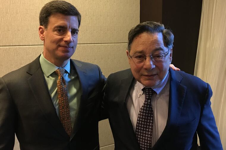 David (left) and Joseph Field, at the Entercom Communications Inc. special shareholders meeting. Joseph launched the company in the late 1960s. His son, David, now runs it. The CBS Radio merger will make Entercom the nation’s No. 2 radio operator with 235 stations.