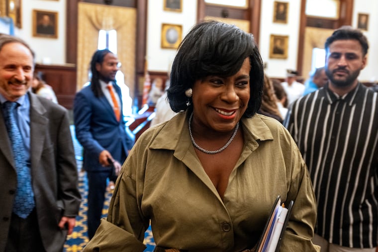 Mayor Cherelle L. Parker leaves after speaking at City Hall Wednesday, where she celebrated a tentative contract agreement with District Council 33 leaders that ended Philly's worker strike.