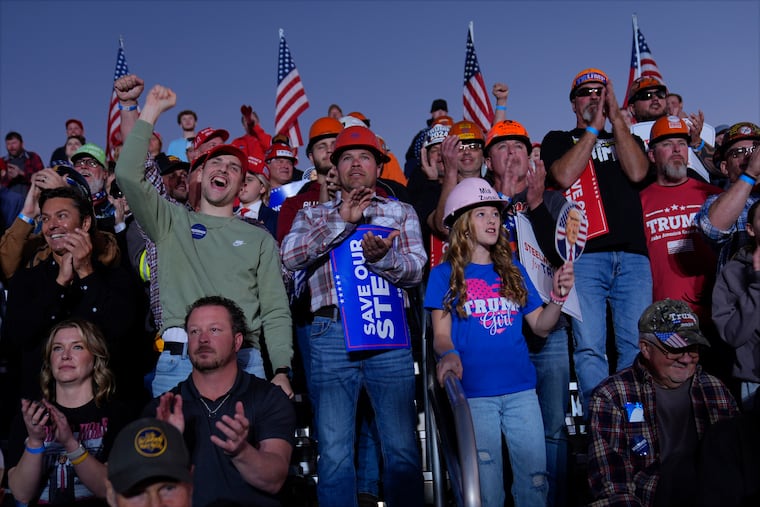 Supporters listen as Republican presidential nominee former President Donald Trump speaks during a campaign rally at Arnold Palmer Regional Airport, Saturday, Oct. 19, 2024, in Latrobe, Pa.