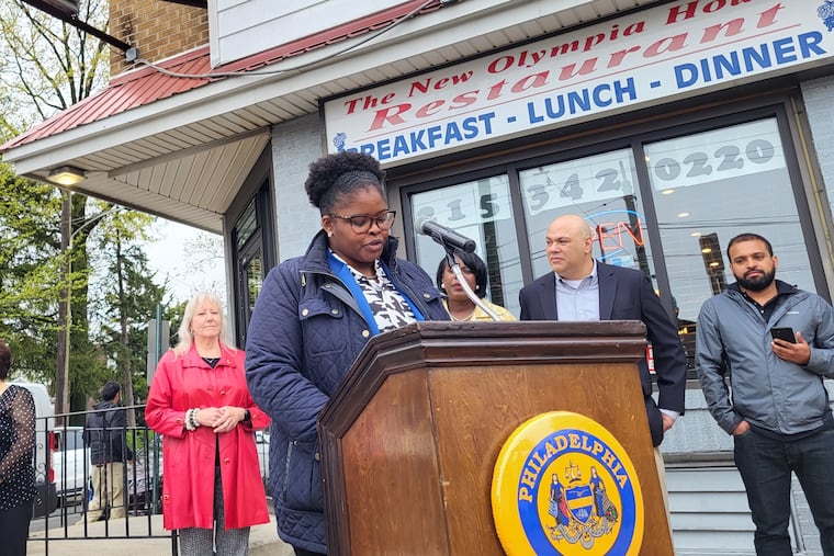 Shante Antrom, Executive Director of the Oxford Circle CCDA, spoke at the kickoff event for National Small Business Week in Northeast Philadelphia. From left, Pamela Henshall, president, Greater Northeast Philadelphia Chamber of Commerce; Councilwoman Cherelle Parker, 9th District; Dan Betancourt, chair of Pennsylvania CDFI Network; and Juan Hurtado, co-owner, Magaly Spa.