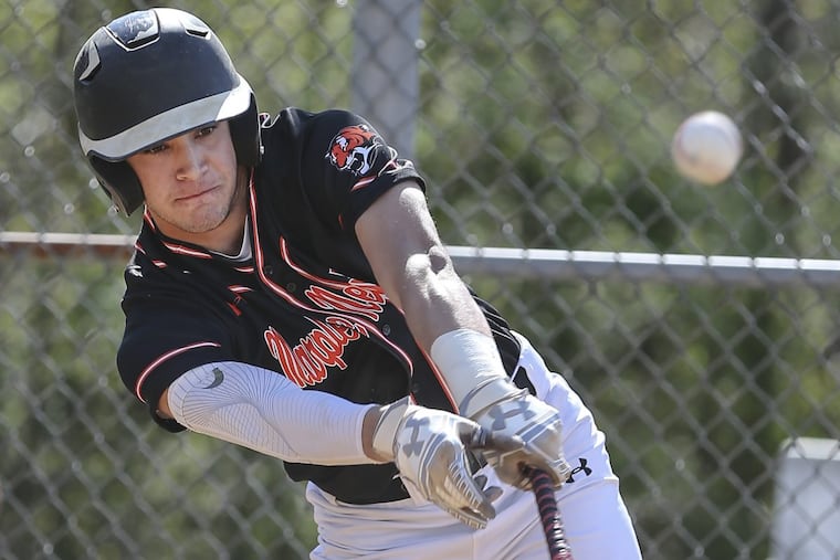 Marple Newtown Kevin Merrone (2) rbi single against Garnet Valley during the 1st inning in Glenn Mills, Monday, April 30, 2018.