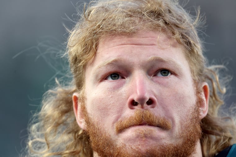 Eagles center Cam Jurgens walks off the field at halftime in NFC championship game at Lincoln Financial Field on Sunday, Jan. 26, 2025, in Philadelphia.