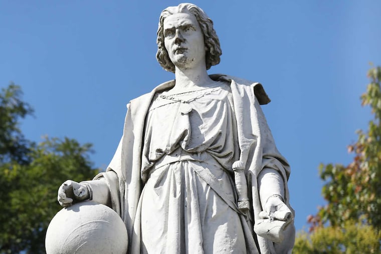 The statue of Columbus in Marconi Plaza.