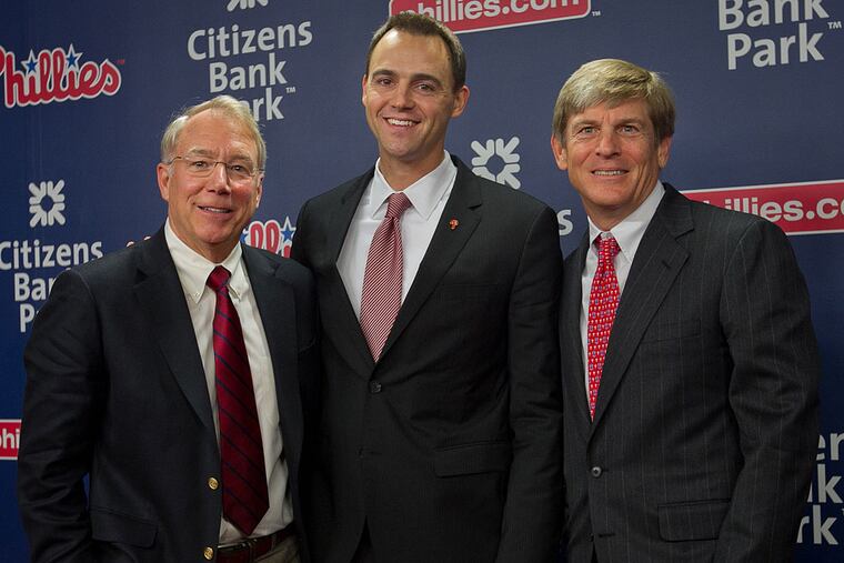 Phillies president Andy MacPhail (left), general manager Matt Klentak (center) and managing partner John Middleton.