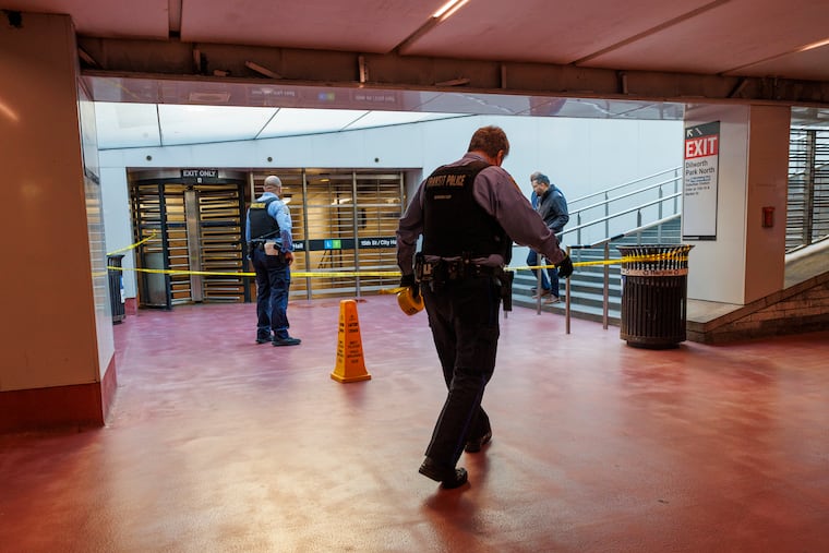 SEPTA Transit Police officers at an exit from the subway, Dilworth Plaza, Friday, October 17, 2025. A 27-year-old man was fatally shot during an altercation.