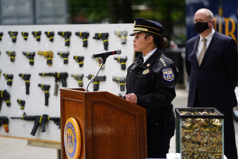 Police Commissioner Danielle Outlaw answers questions from the media at a press conference at the Philadelphia Police Department Office of Forensic Science on May 7, 2021. She said Wednesday that she and District Attorney Larry Krasner "just don't agree" on which crimes to prioritize in order to prevent shootings.