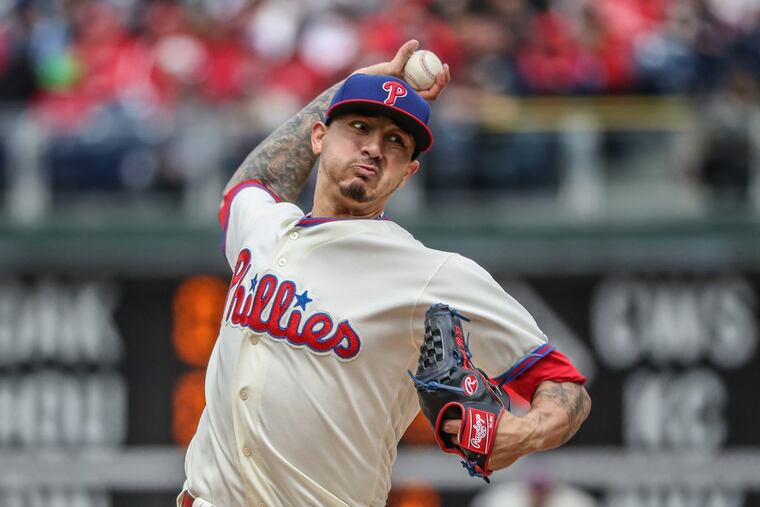 Philadelphia Phillies starting pitcher Vince Velasquez throws against Atlanta in the third inning on April 29 at Citizens Bank Park.