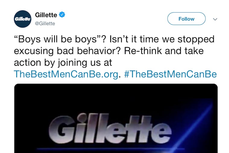 This image from Gillette's Twitter account shows a Gillette advertisement. The ad for men invoking the #MeToo movement is sparking online backlash, with some saying it talks down to men and calling for a boycott. Gillette says it doesn’t mind sparking a discussion, and since it debuted Monday, Jan. 14, 2019, the online-only ad has garnered millions of views on YouTube, a level of buzz and chatter that any brand would covet. (Gillette via AP)