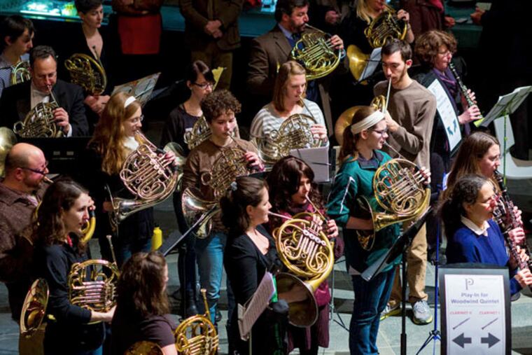Amateur musicians play at the Kimmel Center Saturday evening during the Philadelphia Orchestra's pre-concert show. Nearly six dozen signed up and played. "This is thrilling," said one.
