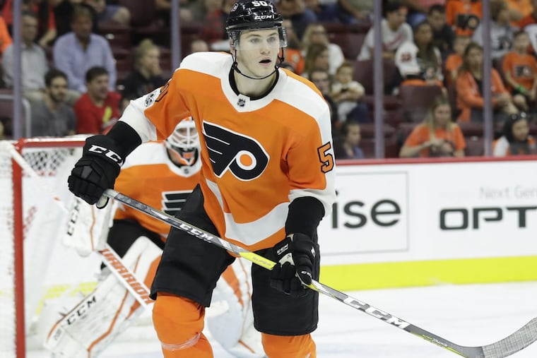 Flyers defenseman Samuel Morin on the ice against the New York Rangers during the preseason.