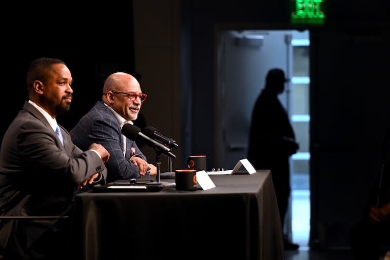 State Sen. Sharif Street (left) and State Rep. Christopher Rabb (right) wait for the WHYY studio door to close Wednesday, April 29, 2026 before start of their debate in the Democratic primary for the 3rd Congressional District. The third leading candidate, Ala Stanford declined to attend at the last moment.