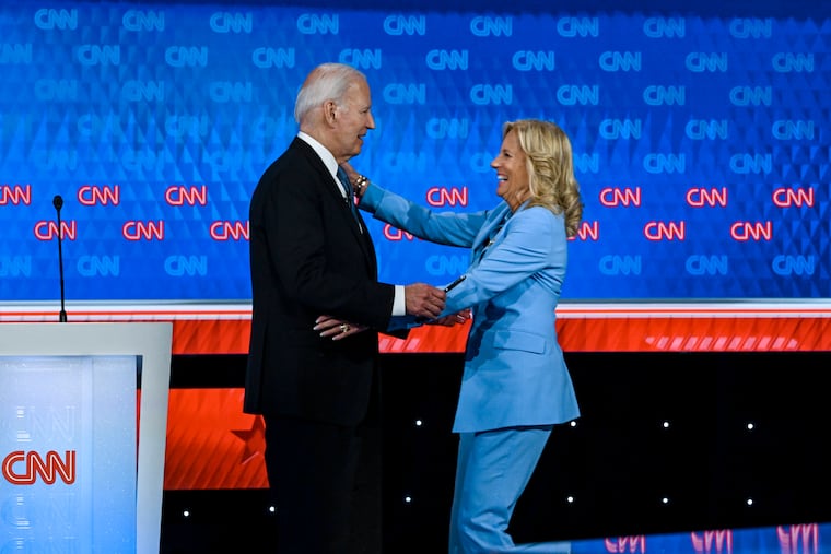 FILE — President Joe Biden and first lady Jill Biden embrace after his debate with former President Donald Trump in Atlanta, June 27, 2024. Jill Biden’s reaction to Biden’s 2024 debate: “I had never, ever seen Joe like that,” the former first lady told CBS News in an interview. “Before or since.”