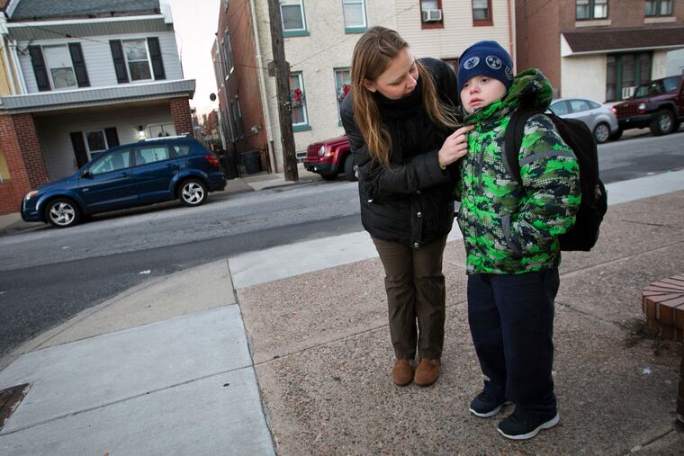 Monica Klimas and son Danny Gallagher near their home in Bridesburg: Once, Danny didn’t get home until 5:30 p.m. “His day was longer than mine,” says mom.