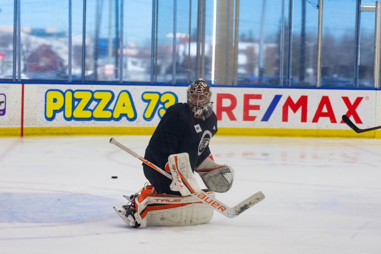 Flyers goalie Carter Hart practices with the team in Edmonton on Tuesday. He'll be in goal Wednesday night.