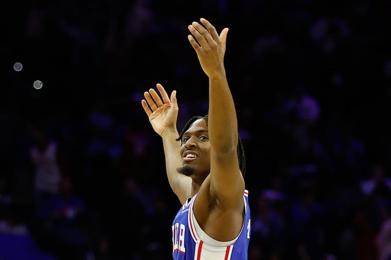 Sixers guard Tyrese Maxey celebrates after scoring against the Brooklyn Nets during Game 2 on Monday.