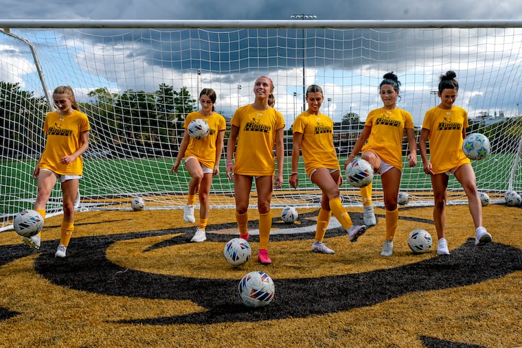 The Rowan women's soccer team features three sets of twins. From left are: Hayley and Jillian Jankowski; Julianna and Olivia Giordano; and Lianna and Lauren SanFelice.