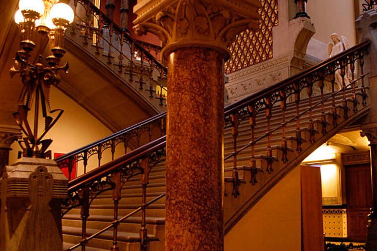 Leaks at the Pennsylvania Academy of the Fine Arts have led to plaster ceiling damage above the central stairwell. Repairs are planned. (TOM GRALISH / File Photograph)
