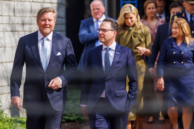His Majesty King Willem-Alexander of the Kingdom of the Netherlands and Gov. Josh Shapiro (right) as they leave Liberty Bell Center during tour of Independence National Historic Park along with Her Majesty Queen Máxima of the Kingdom of the Netherlands and first lady Lori Shapiro (background right) on Monday.