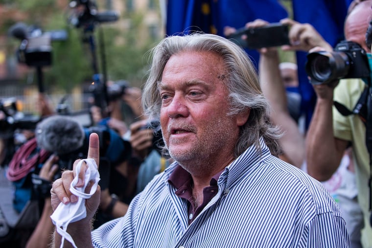 President Donald Trump's former chief strategist Steve Bannon speaks with reporters after pleading not guilty to charges that he ripped off donors to an online fundraising scheme to build a southern border wall, Thursday, Aug. 20, 2020, in New York.
