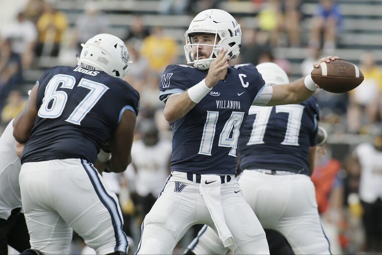 Villanova quarterback # 14 Zach Bednarczyk looks to pass the ball during the Towson at Villanova University football game on September 15, 2018, ELIZABETH ROBERTSON / Staff Photographer