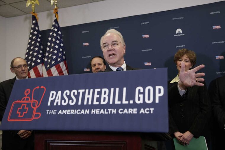 Health and Human Services Secretary Tom Price, a doctor and former congessman, is joined at rear by (from left) Rep. Phil Roe (R., Tenn.), Rep. Pat Tiberi (R., Ohio), and Rep. Susan Brooks (R., Ind.) as House Republicans push for unity on their “Obamacare” replacement bill.