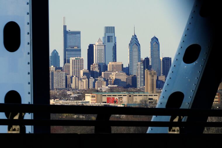 The Philadelphia skyline as seen from I-95 northbound on the Girard Point Bridge in Philadelphia on March 7, 2020.
