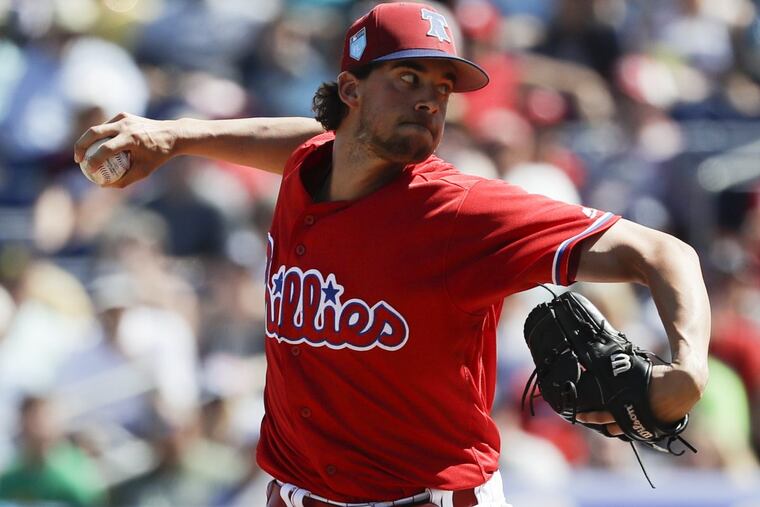 Phillies pitcher Aaron Nola throws the baseball in the first-inning against the New York Yankees at Spectrum Field in Clearwater, FL on Sunday, February 25, 2018.