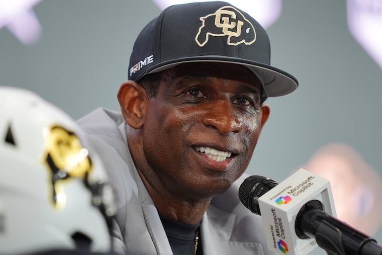 Colorado coach Deion Sanders during Big 12 media day in Frisco, Texas on July 9.
