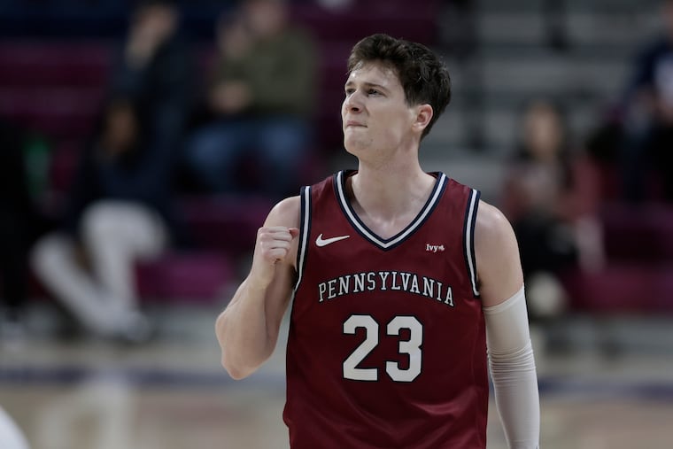 Penn’s Ethan Roberts reacts after hitting a three-pointer against Brown on Saturday. It marked his second game of the season since returning from a serious concussion earlier this season.