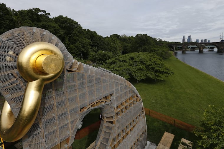 A view from Mariano Brothers Inc. lift show the installation is almost complete on sculptor Martin Puryear's 40-foot-tall "Big Bling" along Kelly Drive in Philadelphia, PA on May 24, 2017. DAVID MAIALETTI / Staff Photographer