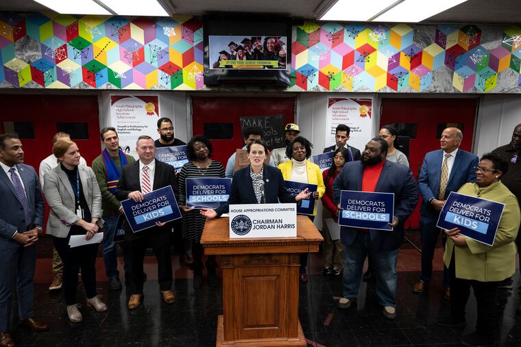 State Rep. Elizabeth Fiedler (D., Phila.) touts $175 million in new state money to fix school buildings across Pennsylvania. She and other House Democrats spoke at South Philadelphia High Wednesday.