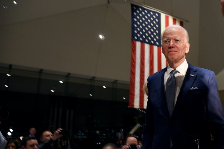 Former vice president Joe Biden leaves after speaking at the National Constitution Center in Philadelphia Tuesday, where he made a last minute after a rally in Cleveland was canceled due to the Coronavirus.