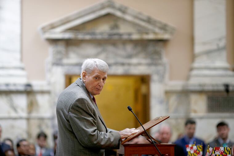 FILE - In a Jan. 9, 2019 file photo, Maryland House Speaker Michael Busch speaks in the House of Delegates chamber in Annapolis, Md., the first day of the state's 2019 legislative session. Busch died Sunday, April 7, 2019 surrounded by loved ones, according to Alexandra Hughes, the speaker’s chief of staff. He was 72. (AP Photo/Patrick Semansky, File)