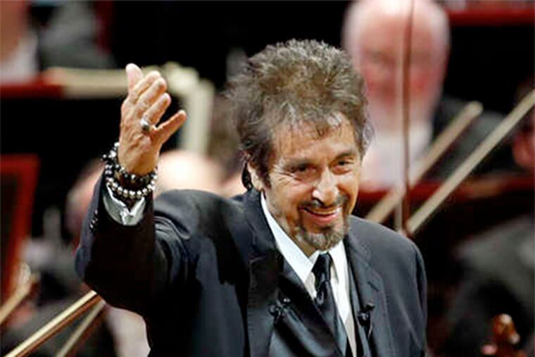 Special guest actor Al Pacino on stage with Music Director Yannick Nézet-Séguin and the Philadelphia Orchestra during the 158th Academy of Music Anniversary Concert and Ball on Saturday, Jan. 24, 2015. ( YONG KIM / Staff Photographer )