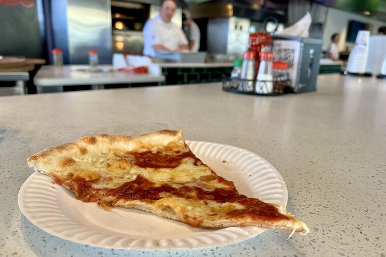 A slice of cheese pizza at Manco & Manco's location at Ninth Street and the boardwalk in Ocean City, N.J., on April 25, 2025.
