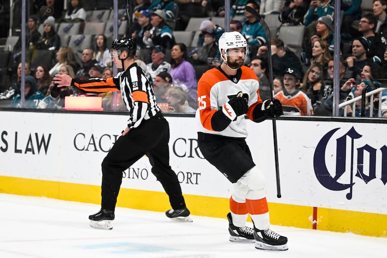 Flyers center Ryan Poehling celebrates his goal against San Jose.